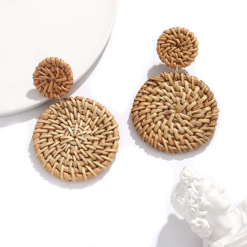 YAHPERN Rattan Earrings for Women Handmade Lightweight Wicker Straw Stud Earrings Statement Weaving Braid Drop Dangle Earring (Dark Rattan Disk) - Image 3